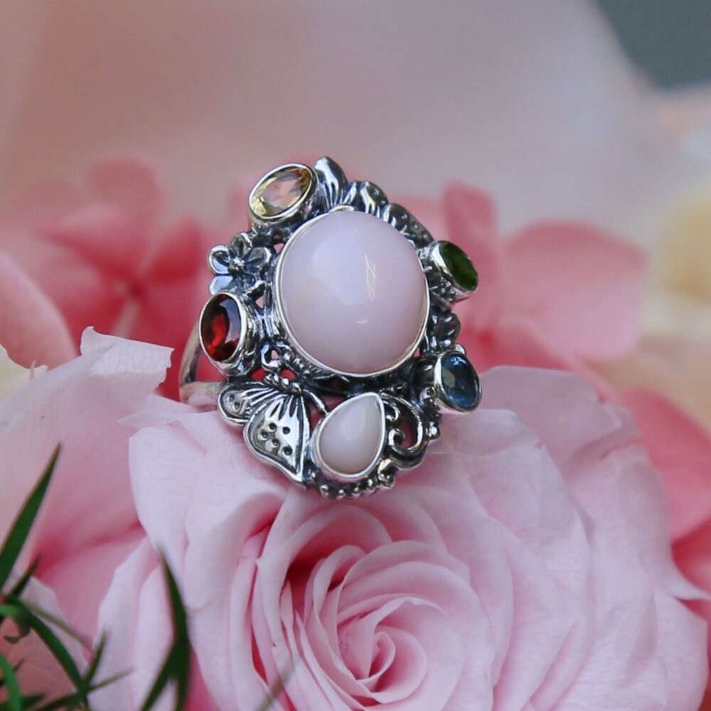 Bali Legacy ✦ Pink Opal & Multi Gemstone Ring ✦ 5.40ctw Sterling Silver Floral - Picture 13 of 16